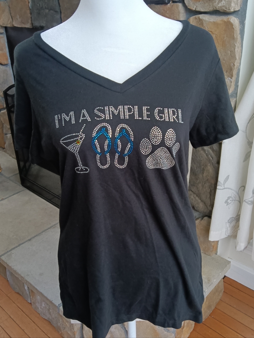 I'm A Simple Girl Embellished V-Neck Tee - Black